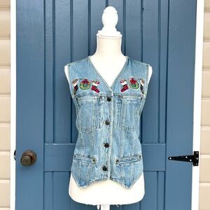 Vintage Solutions Embroidered denim vest with Christmas stockings & boots Size L